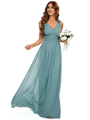 Ever-Pretty Damen A-Linie V-Ausschnitt Elegant Empire Chiffon Abendkleider Staubiges Blau 36 von Ever-Pretty