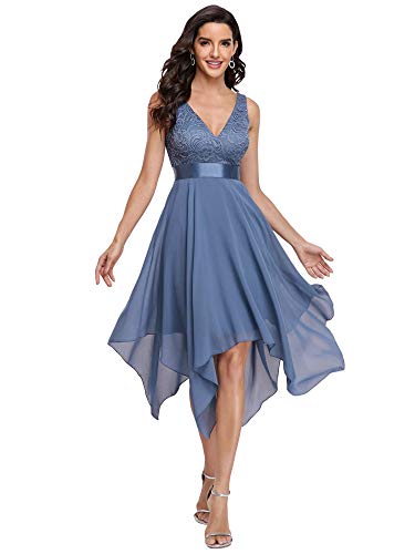 Ever-Pretty Damen Ärmellose V-Ausschnitt Empire A-Linie Spitze Chiffon Knielang Abendkleider mit Unregelmäßig Saum Staubige Marine 38EU von Ever-Pretty