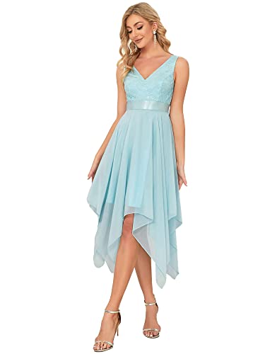 Ever-Pretty Damen Ärmellose V-Ausschnitt Empire A-Linie Spitze Chiffon Knielang Brautjungfernkleider Abendkleider mit Unregelmäßig Saum Blau 42EU von Ever-Pretty