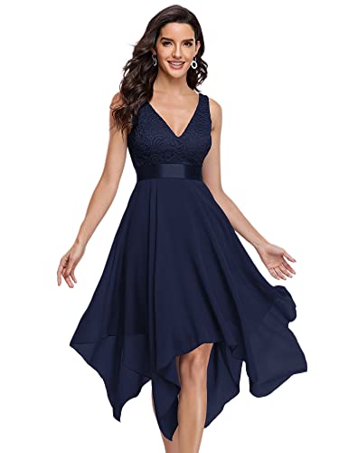 Ever-Pretty Damen Ärmellose V-Ausschnitt Empire A-Linie Spitze Chiffon Knielang Partykleider Cocktailkleider mit Unregelmäßig Saum Navy Blau 48EU von Ever-Pretty