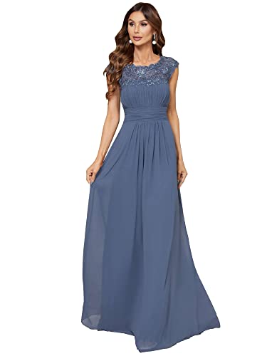 Ever-Pretty Damen Abendkleid A-Linie Spitze Chiffon Rundkragen Kurze Ärmel Hohe Taille Staubige Marine 38 von Ever-Pretty