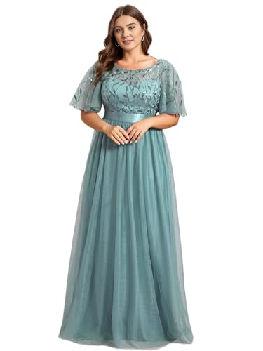 Ever-Pretty Damen Abendkleid A-Linie Spitze Kurze Ärmel Partykleid lang Dunkles Himmelblau 38 von Ever-Pretty