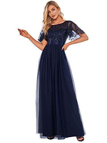 Ever-Pretty Damen Abendkleid A-Linie Spitze Kurze Ärmel Partykleid lang Navy blau 38 von Ever-Pretty