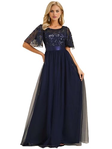 Ever-Pretty Damen Abendkleid A-Linie Spitze Kurze Ärmel Partykleid lang Navy blau 50 von Ever-Pretty