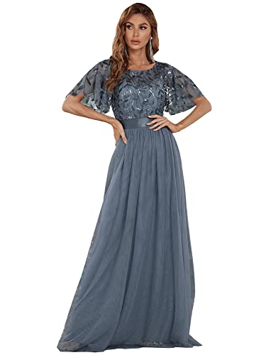 Ever-Pretty Damen Abendkleid A-Linie Spitze Kurze Ärmel Partykleid lang Staubige Marine 46 von Ever-Pretty