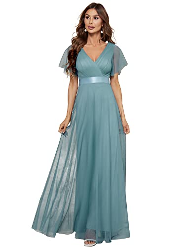 Ever-Pretty Damen Abendkleid A-Linie Tüll Brautjungfer Partykleid Kurze Ärmel lang Dunkles Himmelblau 46 von Ever-Pretty