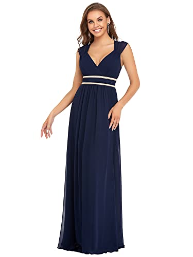 Ever-Pretty Damen Abendkleid A-Linie V Ausschnitt Ärmellos Brautjungfer Rückenfrei Bodenlang Navy Blau 48EU von Ever-Pretty