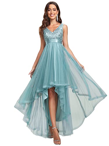 Ever-Pretty Damen Abendkleid Bodenlang Pailletten V-Ausschnitt Ärmellos Tüll Rückenfrei Elegant Dunkelblau 46EU von Ever-Pretty