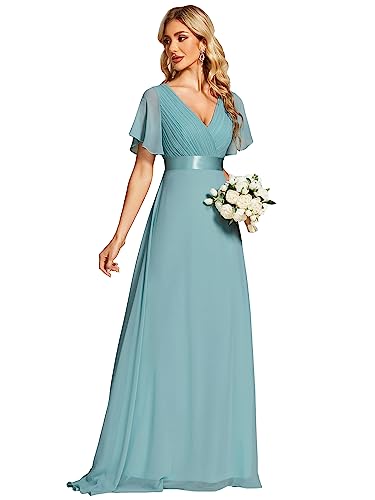 Ever-Pretty Damen Abendkleid Frau A-Linie Chiffon Festliches Kleid V Ausschnitt Hochzeit Bodenlang Staubiges Blau 50 von Ever-Pretty