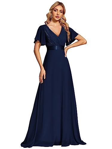 Ever-Pretty Damen Abendkleid Frau A-Linie Chiffon Cocktailkleid V Ausschnitt Hochzeit Navy Blau 54 von Ever-Pretty