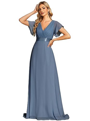 Ever-Pretty Damen Abendkleid Frau A-Linie Chiffon Festliches Kleid V Ausschnitt Hochzeit Bodenlang Staubige Marine 36 von Ever-Pretty