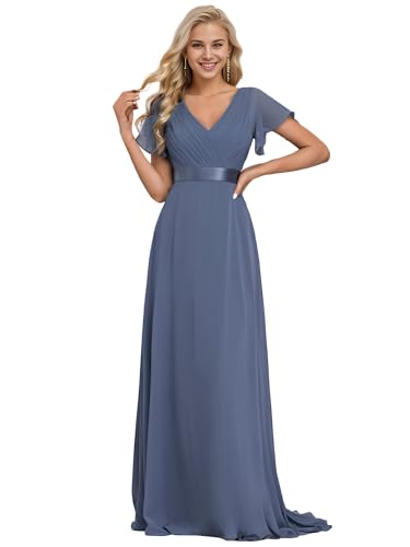 Ever-Pretty Damen Abendkleid Frau A-Linie Chiffon Festliches Kleid V Ausschnitt Hochzeit Bodenlang Staubige Marine 52 von Ever-Pretty