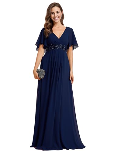 Ever-Pretty Damen Abendkleid Lang Elegant für Hochzeit Appliziertes V-Ausschnitt A-Linie Ballkleider Chiffon Brautjungferkleider Marineblau 50 von Ever-Pretty