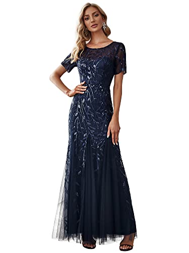 Ever-Pretty Damen Abendkleid Meerjungfrau Pailletten Tüll Partykleid Kurze Ärmel lang Navy blau 54 von Ever-Pretty