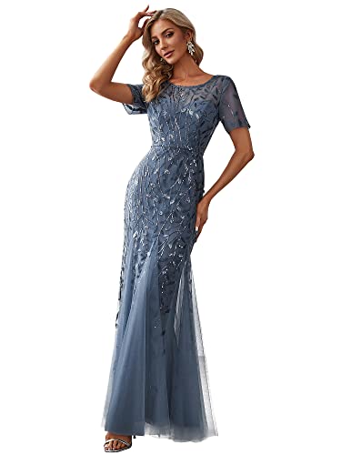 Ever-Pretty Damen Abendkleid Meerjungfrau Pailletten Tüll Partykleid Kurze Ärmel lang Staubige Marine 54 von Ever-Pretty