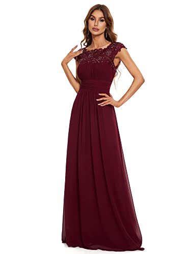 Ever-Pretty Damen Abendkleider Kurze Ärmel Rundkragen Spitze Empire A-Linie Elegant Weihnachtskleid Damen Bodenlang Festliches Kleider Burgund 40EU von Ever-Pretty