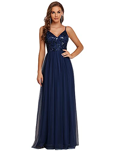 Ever-Pretty Damen Abschlusskleid Lang Tüll Pailletten Spaghetti-Träger V-Ausschnitt A-Linie Glitzer Navy Blau 46EU von Ever-Pretty