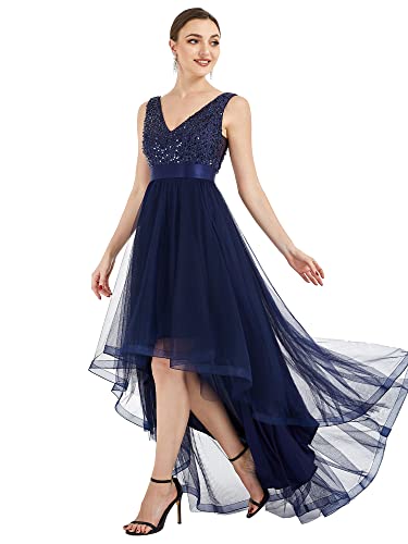 Ever-Pretty Damen Ballkleider Bodenlang Pailletten Ärmellos V-Ausschnitt Tüll Rückenfrei Elegant Navy Blau 48EU von Ever-Pretty