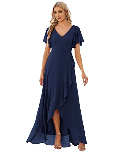 Ever-Pretty Damen Ballkleider Bodenlang V-Ausschnitt Kurze Ärmel Chiffon Rückenfrei Elegant Navy Blau 48EU von Ever-Pretty