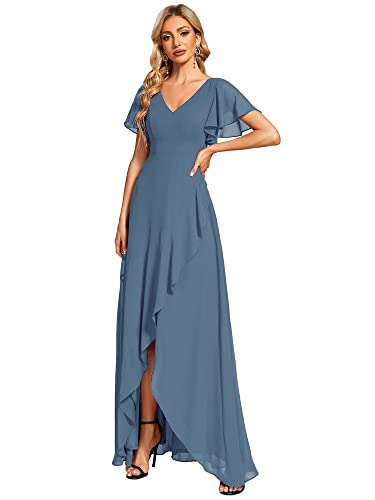 Ever-Pretty Damen Ballkleider Bodenlang V-Ausschnitt Kurze Ärmel Chiffon Rückenfrei Elegant Staubige Marine 48EU von Ever-Pretty