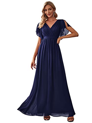 Ever-Pretty Damen Ballkleider Gürtel A-Linie Empire Kurze Ärmel Cocktailkleider V-Ausschnitt Chiffon Elegant Navy Blau 54EU von Ever-Pretty