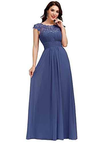 Ever-Pretty Damen Brautjungfernkleid A-Linie Spitze Chiffon Rundkragen Kurze Ärmel Hohe Taille Staubige Marine 50 von Ever-Pretty