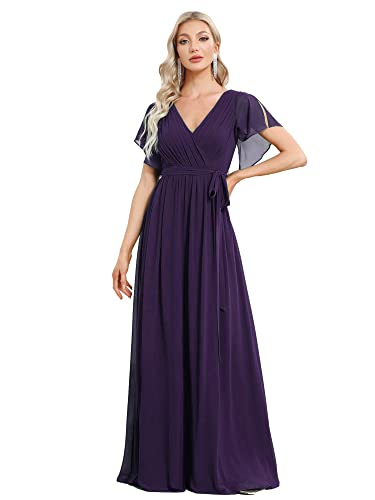 Ever-Pretty Damen Cocktailkleider Gürtel Lang A-Linie Empire Kurze Ärmel V-Ausschnitt Chiffon Dunkelviolett 44EU von Ever-Pretty