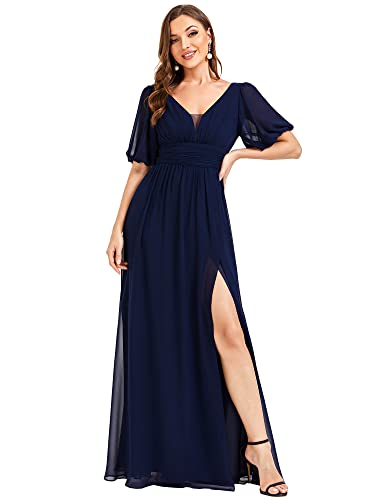 Ever-Pretty Damen Elegant Abendkleider Bodenlang Kurze Ärmel Stickerei Festliches Kleider Navy Blau 40EU von Ever-Pretty