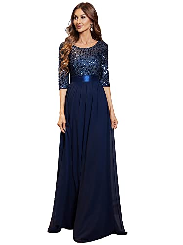 Ever-Pretty Damen Elegantes Rundhalsausschnitt 3/4 Aermel A-Linie Chiffon Abendkleider Pailletten Navy Blau 36 von Ever-Pretty