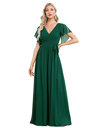 Ever-Pretty Damen Festliches Kleider Gürtel Lang A-Linie Empire Kurze Ärmel V-Ausschnitt Chiffon Elegant Dunkelgrün 38EU von Ever-Pretty