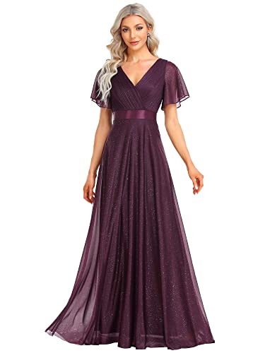 Ever-Pretty Damen Funkelnde Rüschenärmel Tiefer V-Ausschnitt Empire Taille A-Linie Abendkleid Dunkelviolett 58EU von Ever-Pretty