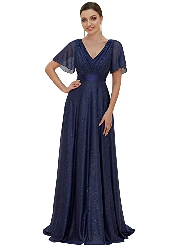 Ever-Pretty Damen Funkelnde Rüschenärmel Tiefer V-Ausschnitt Empire-Taille A-Linie Abendkleid Navy blau 56EU von Ever-Pretty