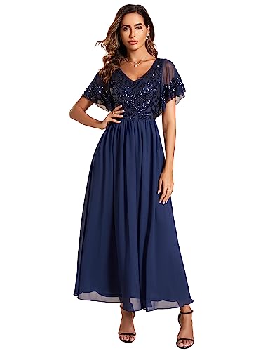 Ever-Pretty Damen Glitzer Festliches Kleider A-Linie Kurze Ärmel Abschulter Partykleider Navy Blau 36EU von Ever-Pretty