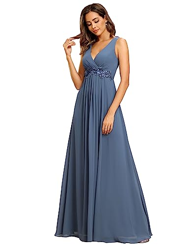 Ever-Pretty Damen Große Größe Brautjungfernkleider Elegant Bodenlang V-Ausschnitt Chiffon Rückenfrei Staubige Marine 56EU von Ever-Pretty