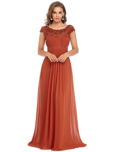 Ever-Pretty Damen Abendkleider Kurze Ärmel Rundkragen Spitze Empire A-Linie Elegant Chiffon Bodenlang Ballkleider Burnt orange 44EU von Ever-Pretty