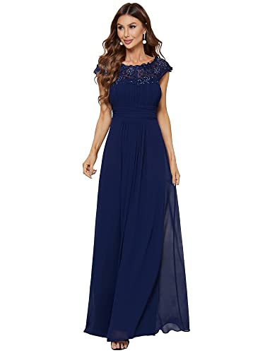 Ever-Pretty Damen Abendkleider Kurze Ärmel Rundkragen Spitze Empire A-Linie Elegant Chiffon Bodenlang Ballkleider Navy Blau 44EU von Ever-Pretty