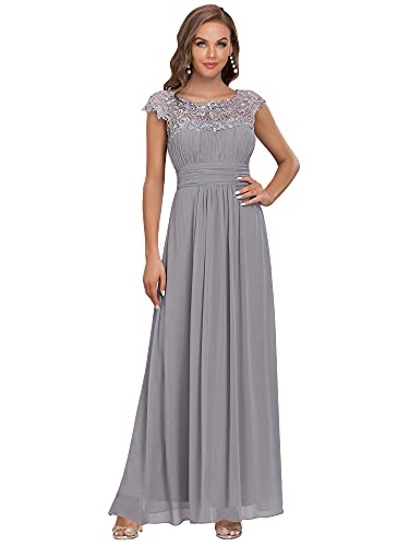 Ever-Pretty Damen Abendkleider Kurze Ärmel Rundkragen Spitze Empire A-Linie Elegant Chiffon Bodenlang Partykleider Grau 52EU von Ever-Pretty