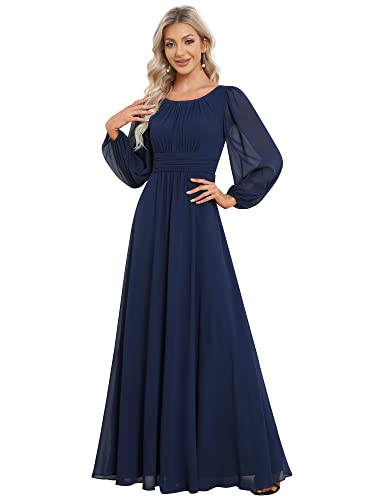 Ever-Pretty Damen Long Brautjungfernkleider Lange Ärmel Chiffon Rundkragen Ärmellos Elegant Navy Blau 48EU von Ever-Pretty