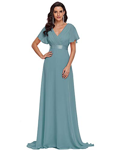 Ever-Pretty Damen Partykleider Chiffon V Ausschnitt Chiffon Kurze Ärmel Hohe Taille Übergröße Brautjungfernkleid Staubiges Blau 46EU von Ever-Pretty