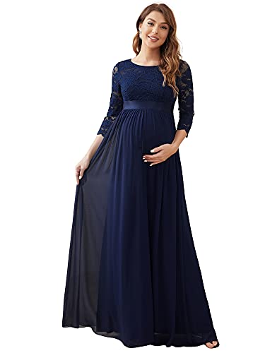 Ever-Pretty Damen Rundhalsausschnitt 3/4 Ärmel Spitze Empire A-Linie Bodenlang Mutterschaft Abendkleider für Schwangere Navy Blau 48EU von Ever-Pretty