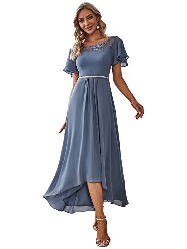 Ever-Pretty Damen Rundhalsausschnitt Kurze Ärmel A-Linie Asymmetrisch Elegant Maxi Abendkleider Staubige Marine 40 von Ever-Pretty