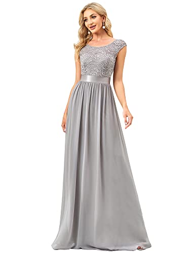 Ever-Pretty Damen Rundhalsausschnitt Kurze Ärmel Elegant A-Linie Empire Spitze Chiffon Bodenlang Abendkleider Grau 48 von Ever-Pretty