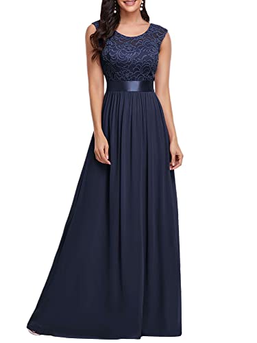 Ever-Pretty Damen Rundhalsausschnitt Kurze Ärmel Elegant A-Linie Empire Spitze Chiffon Bodenlang Abendkleider Navy Blau 40 von Ever-Pretty