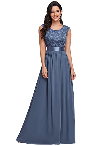 Ever-Pretty Damen Rundhalsausschnitt Kurze Ärmel Elegant A-Linie Empire Spitze Chiffon Bodenlang Abendkleider Staubige Marine 54 von Ever-Pretty