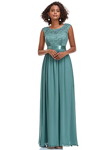 Ever-Pretty Damen Rundhalsausschnitt Kurze Ärmel Elegant A-Linie Empire Spitze Chiffon Bodenlang Abendkleider Staubiges Blau 38 von Ever-Pretty