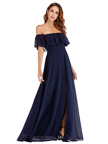 Ever-Pretty Damen Schulterfrei Rüschen Dekolletiert Chiffon Hohe Taille Elegant Maxi Abendkleider Navy Blau 38 von Ever-Pretty