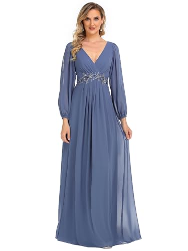 Ever-Pretty Damen Stilvolle Chiffon V-Ausschnitt Applique Plus Size Abendkleider mit Langen Laternenärmeln Staubige Marine EU48 von Ever-Pretty