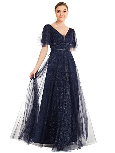 Ever-Pretty Damen Tief V-Ausschnitt Kurzarm Bodenlang A-Linie Empire Taille Elegante Glitzer Tüll Cocktailkleider Navy Blau 46EU von Ever-Pretty