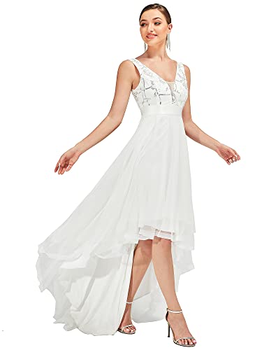 Ever-Pretty Damen V-Ausschnitt A-Linie High Low Empire Tüll Abendkleider Weiß 38 von Ever-Pretty