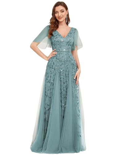 Ever-Pretty Damen V-Ausschnitt A-Linie Kurze Ärmel Maxi Ballkleider Abendkleider Staubiges Blau 48 von Ever-Pretty